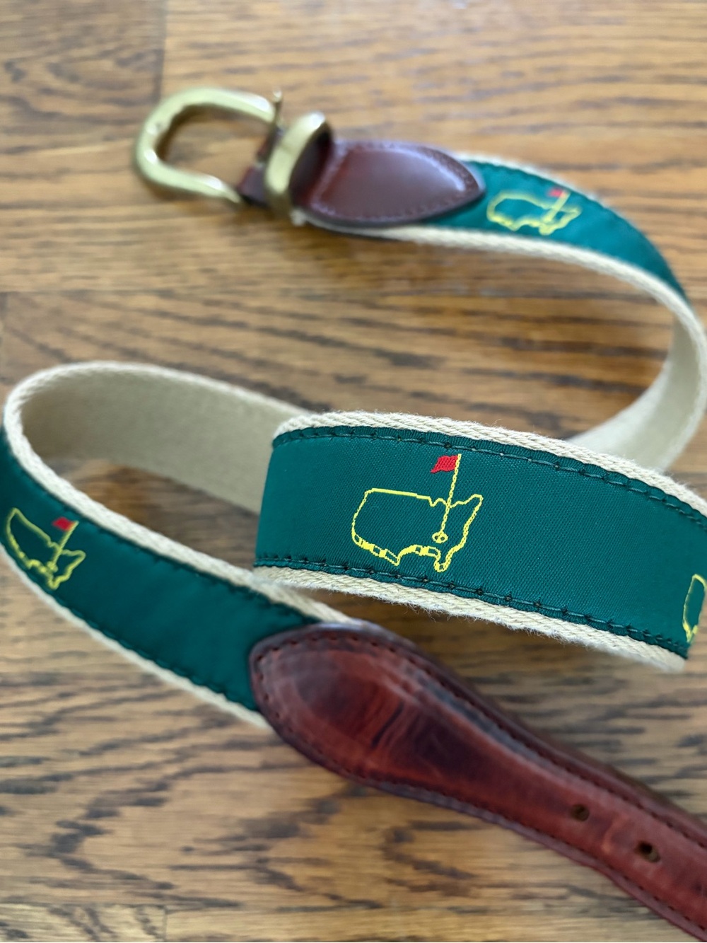 Masters Augusta National Golf Belt Mens 34 Green Canvas Leather Brass Buckle